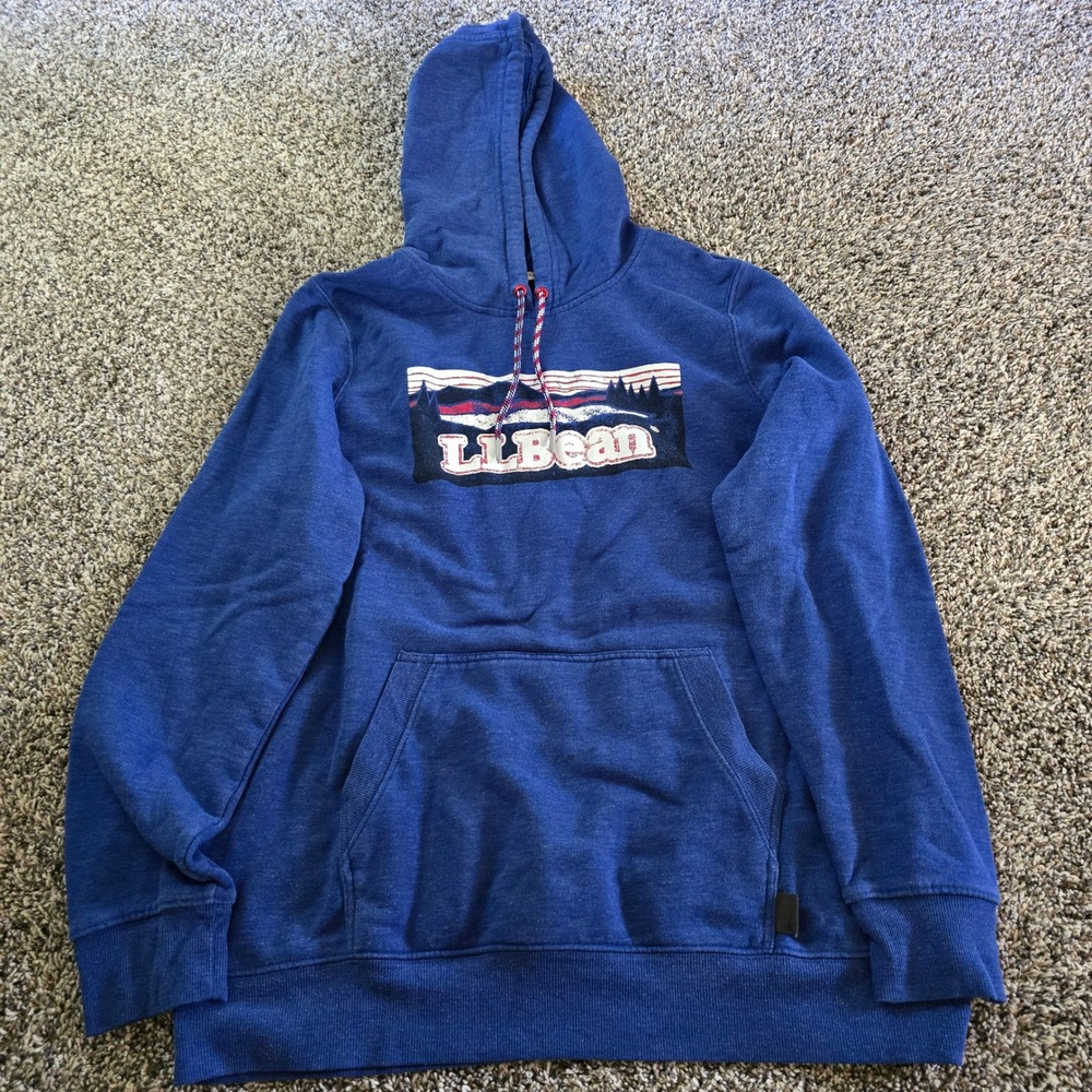 LL Bean Hoodie Mens Medium Blue Mountain Graphic Pullover Sweatshirt